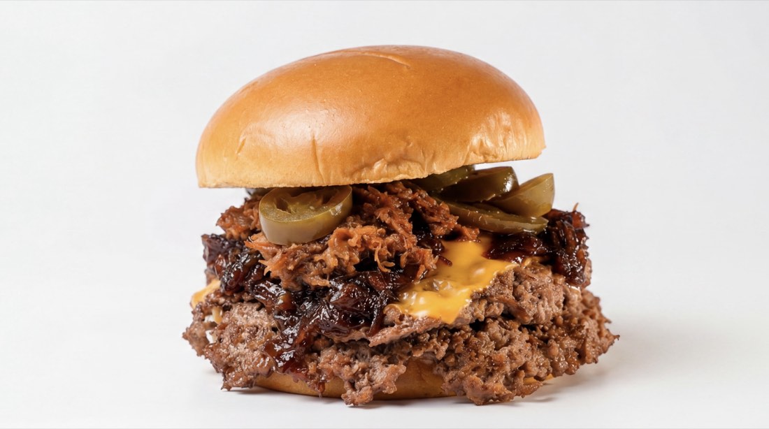 Brisket Stack Burger with BBQ brisket and jalapeños